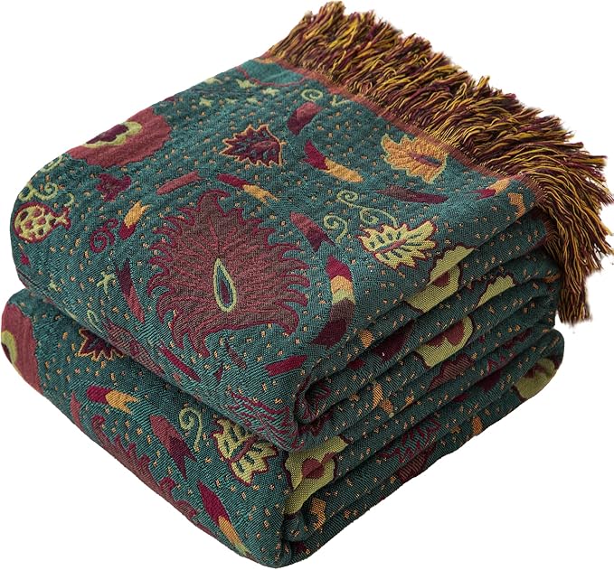 Phuryllic Boho Throw Blanket Twin Size, Soft Cozy Cotton Muslin Quilt Blanket for Bed Decor, Floral Patterned Couch Sofa Chair Cover, Vintage Farmhouse Cottage Tapestry Woven Blanket, Green&Orange