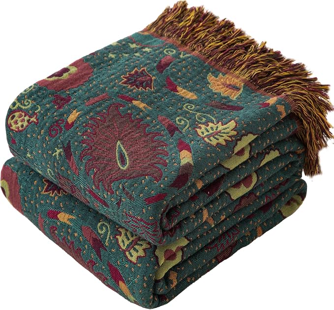 Phuryllic Boho Throw Blanket Queen Size, Oversized Soft Cozy Cotton Muslin Quilt Blanket for Bed Decor, Floral Patterned Couch Sofa Chair Cover, Vintage Farmhouse Cottage Woven Blanket, Green&Orange