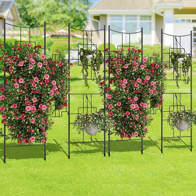 Garvee 2 PCS Baroque Style Metal Garden Trellis & Privacy Screen, 51"x66" Black Iron Arch Trellis for Climbing Plants Outdoor, Decorative Plant Support for Roses, Vegetables, Vines, Flowers