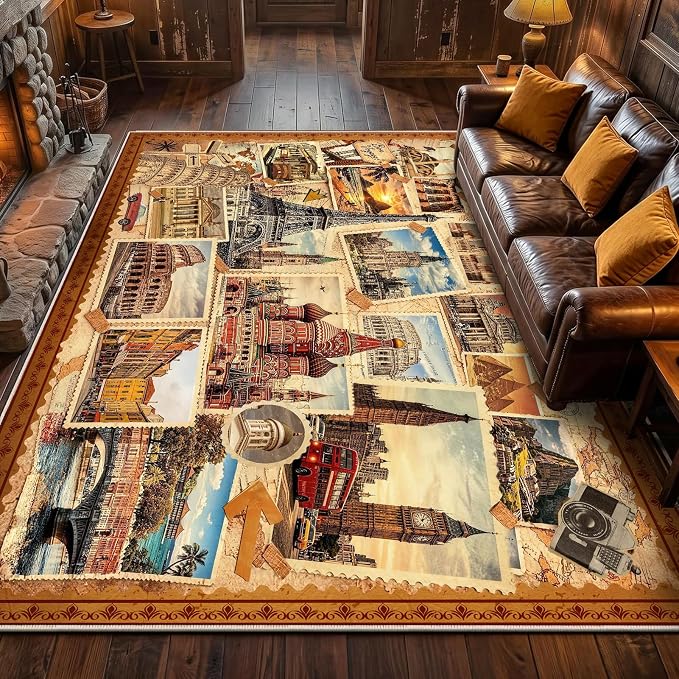 Vintage World Landmark Stamp Collage Area Rug, 5x7ft Retro European Travel City Print Washable TPE Backing Non-Slip Rug, Travel Themed Decor Floor Mat for Living Room Bedroom Office Home Decor
