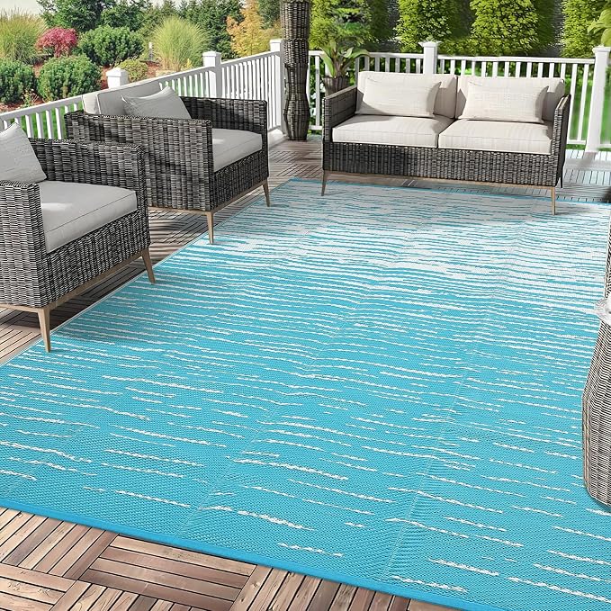 Garvee Waterproof Outdoor Rug for Camping, 6x9 Abstract Outdoor Patio Rug Plastic Straw RV Rugs for Outside, Reversible UV Resistant Modern Mats for Picnic Backyard Deck Balcony, Light Blue