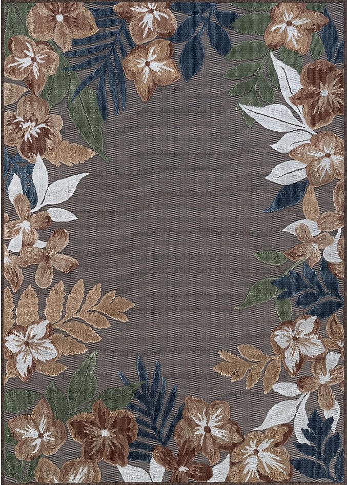 Outdoor Rug 9x12 Washable Area Rugs Indoor Outdoor Carpets Brown Border Floral Non Shedding Waterproof Easy Clean Patio Deck Porch Living Room Bedroom Garden RV (9 X 12 Brown)