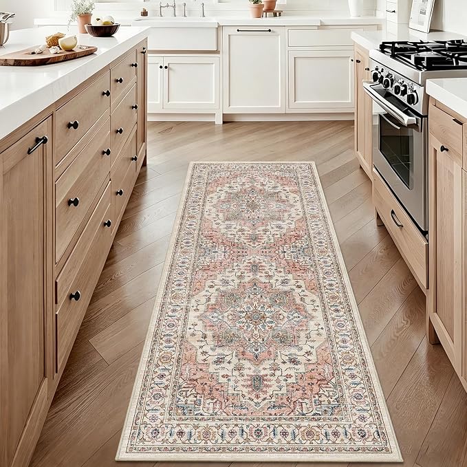 2x5 Vintage Runner Rug Low Pile Non-Slip Washable Kitchen Rug | Retro Distressed Print Rug Non-Shedding Beige Pink Carpet Stain Resistant Long Rug for Hallway Kitchen Bedroom Laundry Room