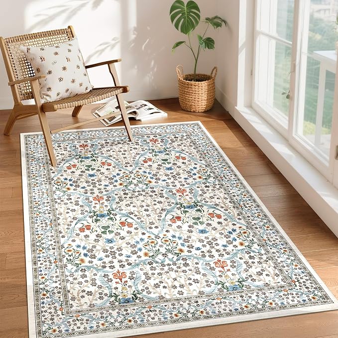 GarveeHome 4x6 Washable Area Rug for Living Room, Floral Large Entryway Kitchen Rug Non Slip, Ultra Soft Stain Resistance Carpet for Bedroom Laundry Room, Beige