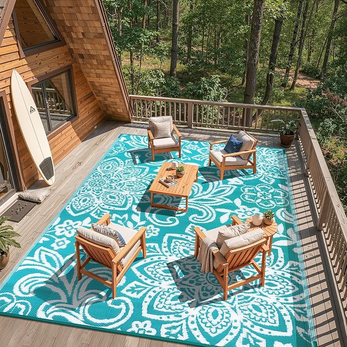Findosom Waterproof Outdoor Rug 9' x 12' - Reversible Mandala Outdoor Plastic Straw Rug, Durable Foldable Patio Rug for RV, Deck, Balcony, Backyard, Picnic, Porch, Camping, Beach, Blue