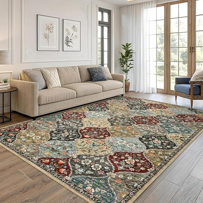 ROYHOME Area Rug - 5x7 Trellis Non-Slip Machine Washable Rug Red/Brown | Vintage Distressed Floral Carpet Stain Resistant Accent Rug Farmhouse Floor Cover for Dining Bedroom Decor