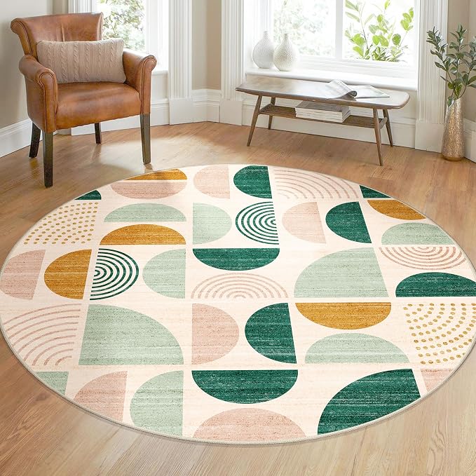 Round Rugs 5ft,Circle Area Rug Washable Non Slip Modern Abstract | Circular Rugs for Bedroom Living Room Dining Room Boho Throw Carpet Soft Low Pile Floor Indoor Bohemian Sage Green