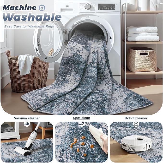 pmtsns Area Rugs 10x14 Living Room: Washable Rug Modern Abstract Neutral Soft Non-Slip Low-Pile Indoor Large Carpet for Bedroom Dining Room Playroom Home Office (Blue Grey, 10'x14')