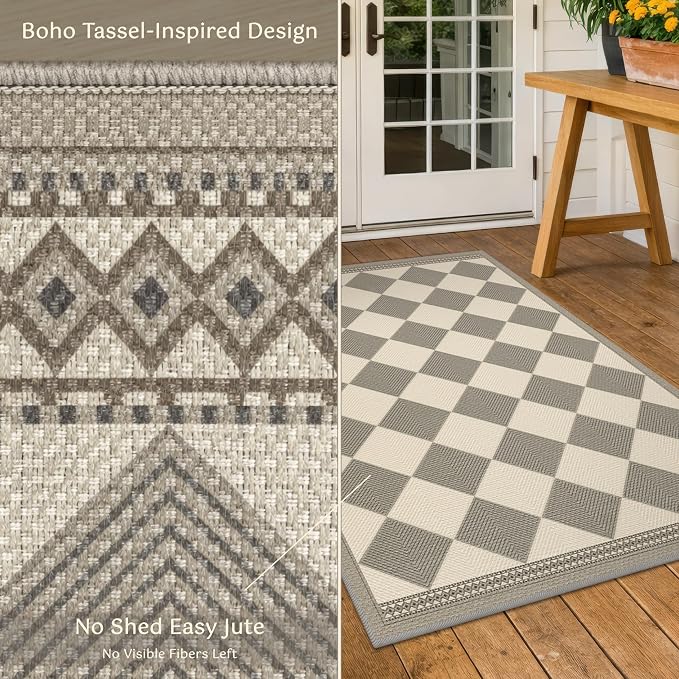 Gray and Cream Checkered Easy Jute 3x5 Outside Area Rug Outdoor Porch Decor, Entryway Rugs Indoor Diamond Geometric Pattern Mat, Patio, Backyard or Entry, Boho Farmhouse Style Washable Non Skid Mat