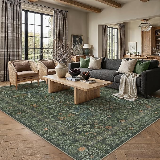 6x9 Dark Green Floral Area Rug Vintage Farmhouse Style | Washable, Non Slip, Soft Low Pile, Indoor Carpet for Living Room, Bedroom, Dining Room, Botanical Decor