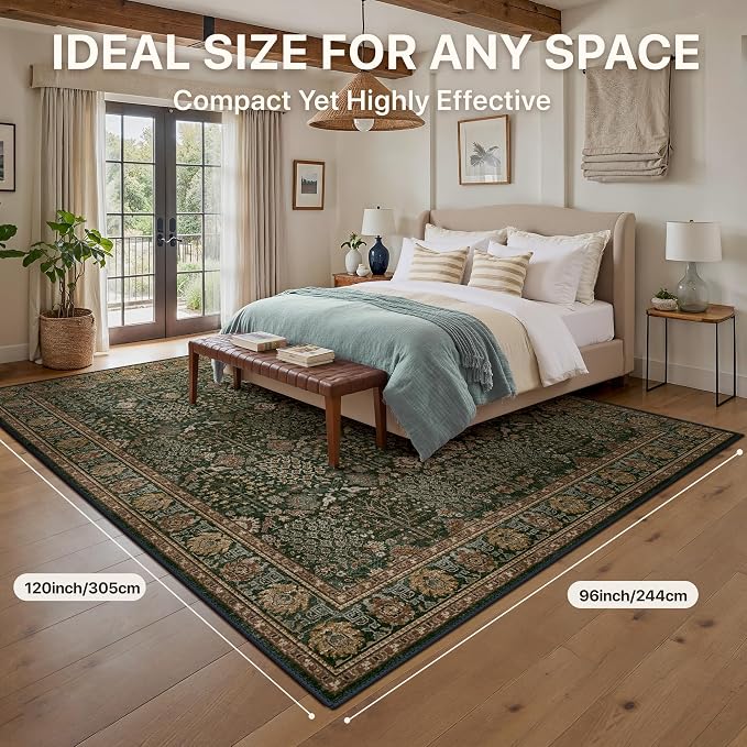 Washable Rugs 8x10 for Living Room, Vintage Floral, Dark Green Brown | Spill Resistant, Lightweight, Low Pile Non-Shedding Carpet for Bedroom, Dining Room and Office