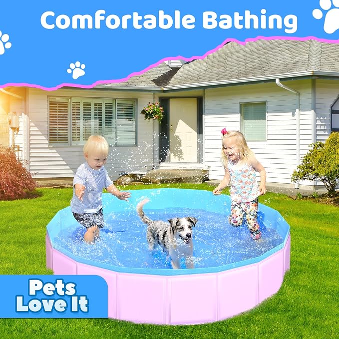 CACSPS 2025 Updated Foldable Dog Pool, 47" x 12" Kiddie Pool with Hard Plastic, Non-Slip Dog Bath Tub for Outdoor Backyard, Collapsible Dog Swimming Pool for Kids Dogs Pets (Pink)