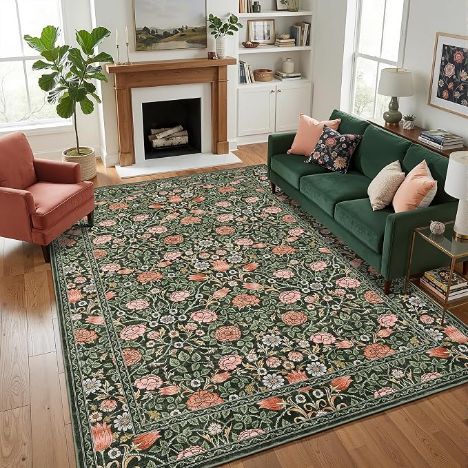 GarveeHome Dark Green Floral Washable Rug 5x7 for Bedroom Living Room | Nursery Dorm Office Rug Vintage Boho Rugs Low-Pile Non-Slip Stain Resistant TPE Backing