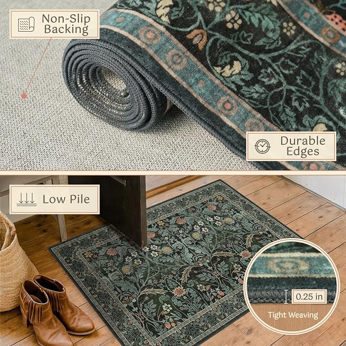 Dark Green 2'6"x10' Hallway Runner Rug - Washable Non Slip 10ft Wide Long Runner Rugs for Kitchen Entryway Indoor Vintage Floral Low Pile Stain Resistant Carpet