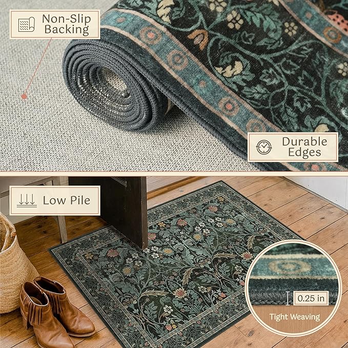 2x10 Long Hallwag Runner Rug 10ft, Washable Dark Green Indoor Floor Mats for Entryway Non Slip, Flower & Botanical Pattern Stain Resistant Carpet