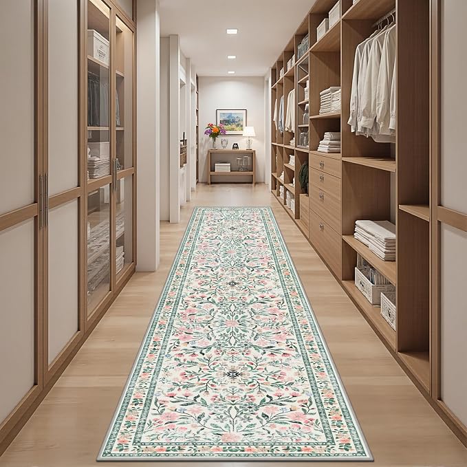PLHXFR 3x10 Washable Runner Rug：Floral Indoor Kitchen Carpet Green Beige | For Hallway Bedroom Kitchen Laundry Bathroom Dorm,Vintage Floral,Machine washable,Non Slip,Stain Resistant,Indoor Floor
