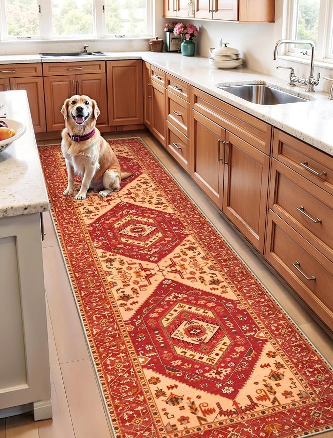 SERISSA 2'6"x8' Washable Non Slip Boho Runner Rug for Hallway，Red | Ultra Soft Vintage Oriental Carpet Low-Pile Distressed Tribal Floor Carpet for Kitchen Bedroom Bathroom Laundry Room