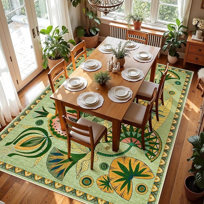 Joydeco Egypt Floral Large Washable 9x12 Area Rug for Living Room Bedroom | Boho Botanical Colorful Aesthetic Non Slip Flower Indoor Throw Carpet for Dining Room Office Guest Room Playroom, Sage Green
