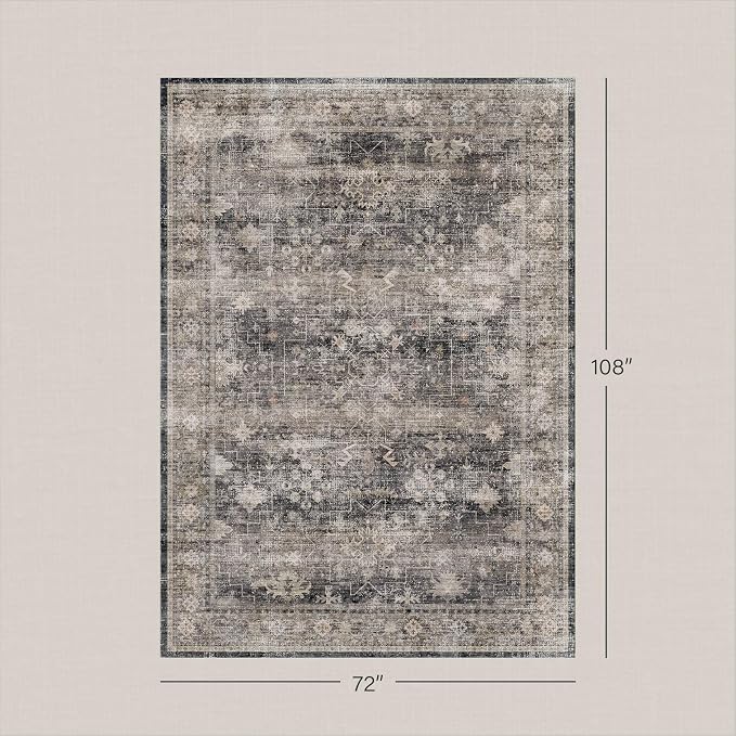 Farmhouse Charcoal Stone 6x9 Rug for Dining Room, Modern Large Area Rugs for Living Room, Boho Washable Rug for Bedroom with Distressed Geometric Design, Stain Resistant Low Pile Non-Slip