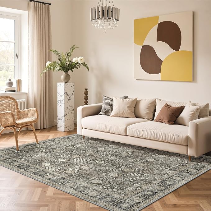 Area Rugs for Living Room, 5x7 Washable Rug Non-Slip Washable，Ultra-Thin Aesthetic Boho Rug for Bedroom Dinning Room Office,Beige/Brown