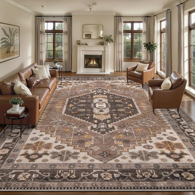 Ciicool 8x10 Area Rugs for Living Room,Washable Large Boho Throw Carpet | Oriental Low-Pile Hazel Vintage Non-Slip Indoor Carpet for Kitchen Bedroom Bedside Laundry Bathroom Dining Room Decor