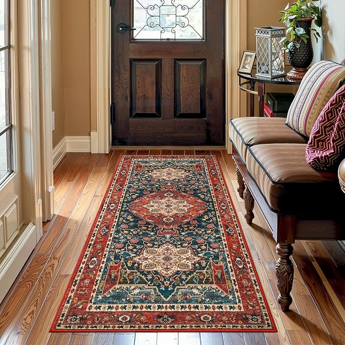 YJ.GWL 2x6 Rug Runners for Hallways, Non Slip Kitchen Washable Long Runner Rugs, Soft Floral Vintage Carpet Runner for Livingroom Bedroom Bathroom Entryway, Orange-Red