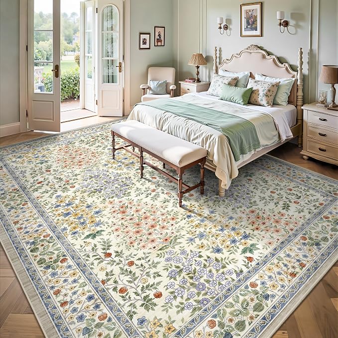 8x10 Area Rugs, Machine Washable Low Pile Floral Rugs for Living Room, Bedroom, Large Boho Area Rug with Non-Slip Backing for Dining Room(Beige Floral)