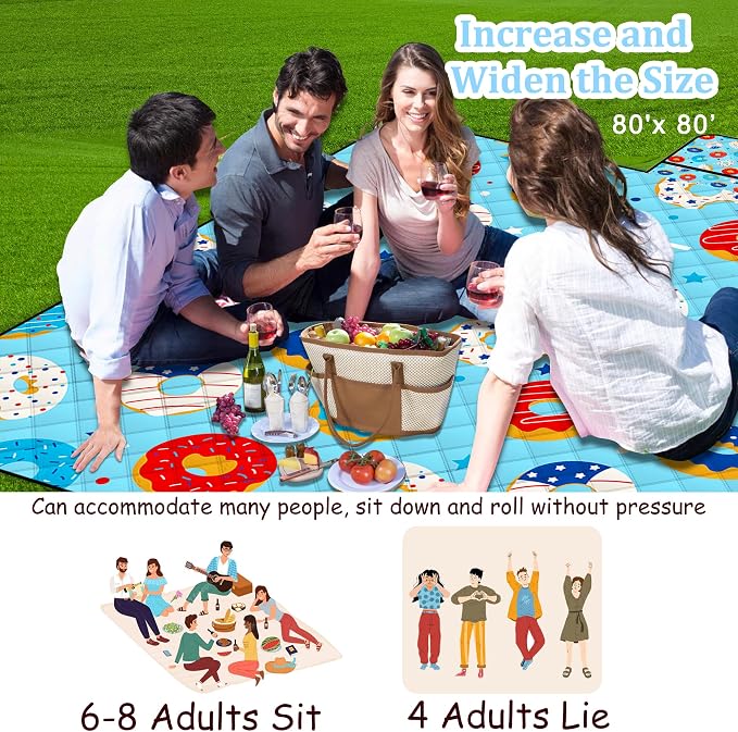 Poedist Extra Large Picnic Blanket Waterproof,80"x 80"Foldable Machine Washable Beach Blanket,Outdoor Blanket for 6-8 Adults, for Indoor Crawling,Park Beach,Camping,Hiking,Family Travel(Doughnut)