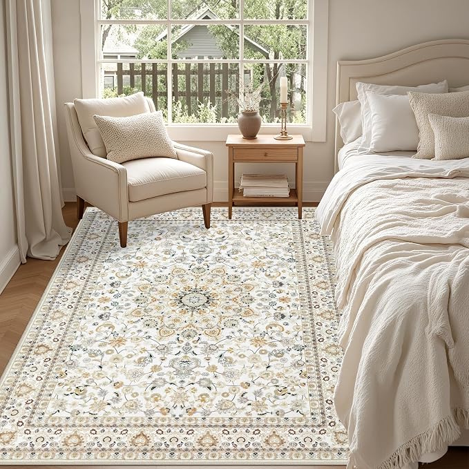 4x6 Area Rugs Living Room: Washable Vintage Rug for Bedroom Beige | Boho No Slip Stain Resistant Rug Soft Indoor Decor Floor Floral 4x6 Area Rugs for Dining Room, Nursery, Hallway, Home Office