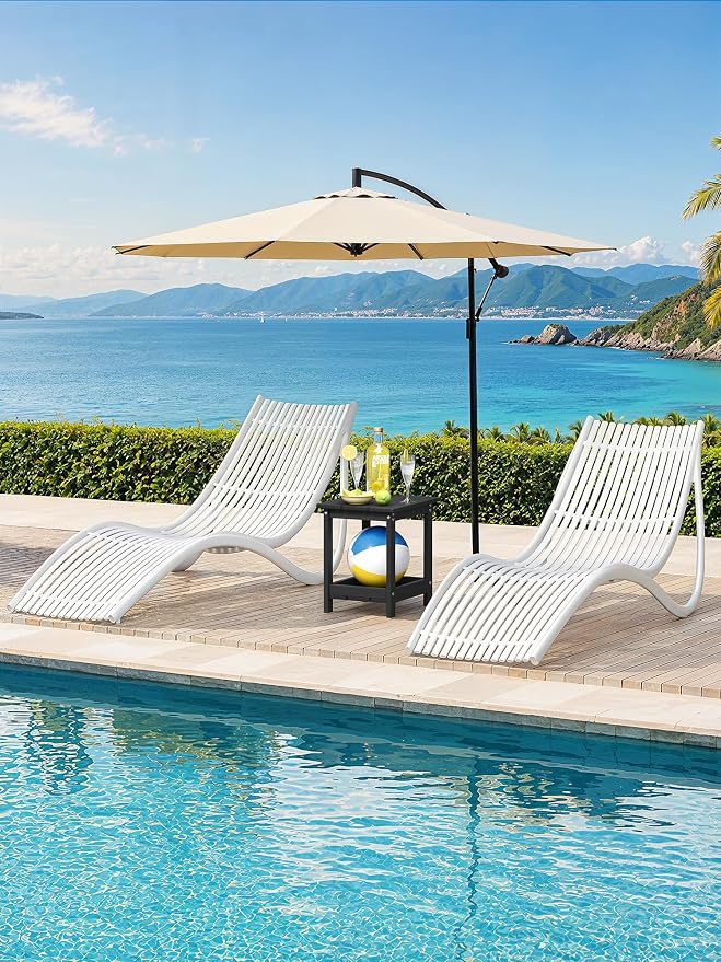 LUE BONA Outdoor Side Table, 2-Tier HDPE Small Outdoor End Table with Rail for Patio, Deck, Poolside, Low Maintenance & Weather Resistant, Black