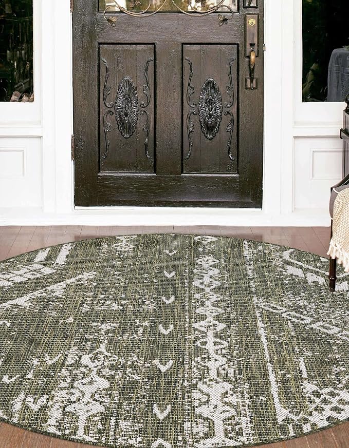 Unique Loom Outdoor Bohemian Collection Area Rug - Anthro (7' 10" Round Green/Ivory)
