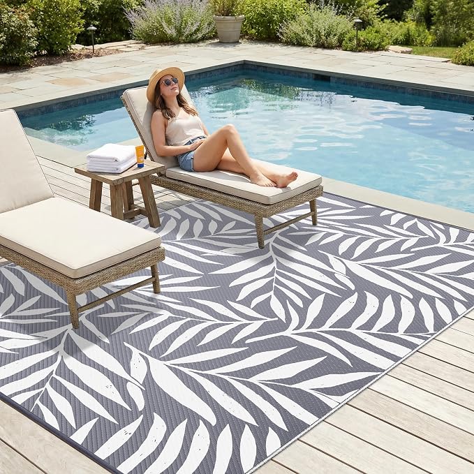 Smiry Outdoor Rug 8x10 ft, Waterproof Reversible Plastic Straw Rugs, Outdoor Area Rug with Leaf Pattern, Outside Floor Mat for Patio, Backyard, Deck, Picnic, Beach, Camping, Grey & White