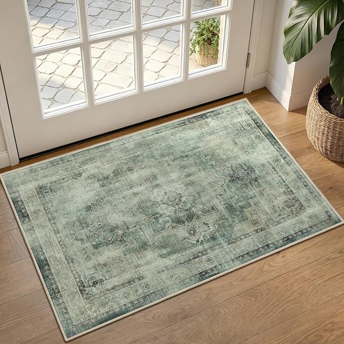 Muted Green 2x3 Entryway Rug, Low Pile Ultra Thin Washable Kitchen Rugs Non Slip, Vintage Distressed Medallion Transitional Small Rug for Bathroom, Farmhouse Inside Door Mats for Entrance Foyer