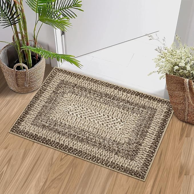 RUGSREAL Entryway Rug 2x3 Small Bedroom Washable Rus with Rubber Backing | Living Room Non Slip Bathroom Mat Stain Resistant Braided Print Carpet for Dining Room Kitchen Hallway, Camel