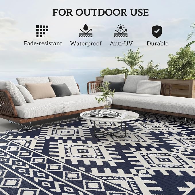 Outsunny Outdoor Rug for Patio, 9' x 12' Waterproof Large Mat, Reversible Plastic Straw Rug for Decor, Portable Outside RV Camping Area Carpet Mat for Backyard Porch Deck Picnic, Blue & White Rhombus