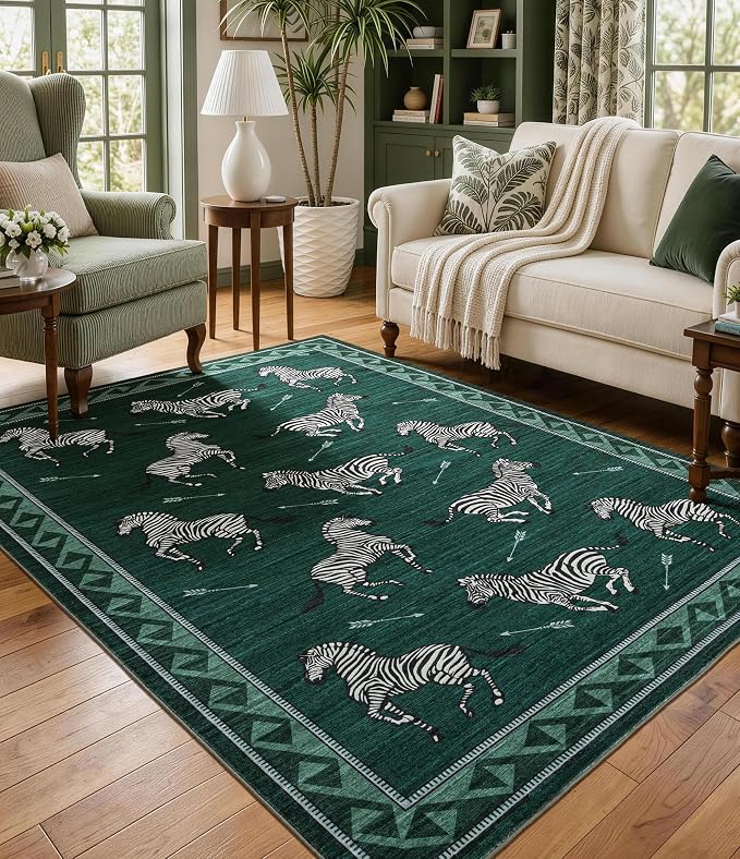 YIHOUSE Green Zebra Area Rugs 5×7, Washable Animal Print Rug with Southwestern Border, Non-Slip Low Pile Mid-Century Modern Carpet for Living Room, Bedroom, Dining Room