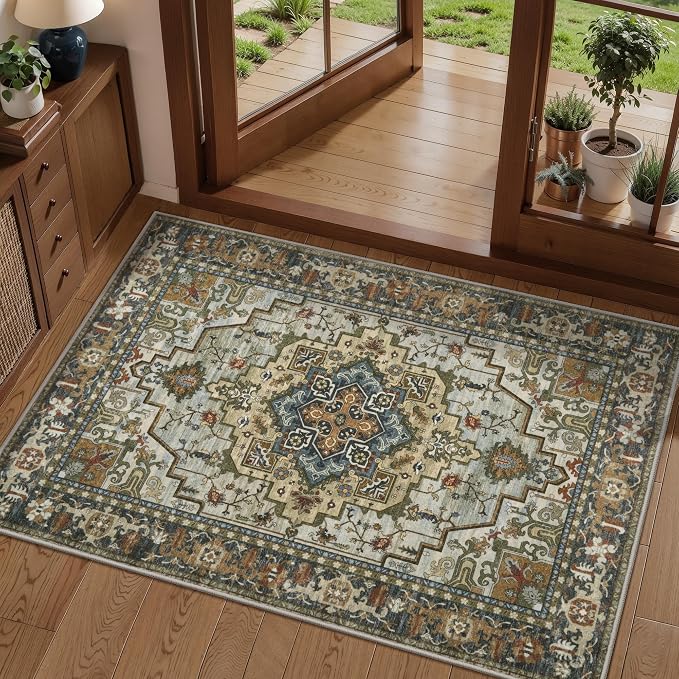 Tangsoo Vintage 2x3 Washable Rugs for Entryway, Non Slip Small Area Rug Farmhouse Indoor Front Door Rug, Oriental Print Door Mat Small Carpet, Soft Low Pile Rugs for Entry Entrance Kitchen Bedroom