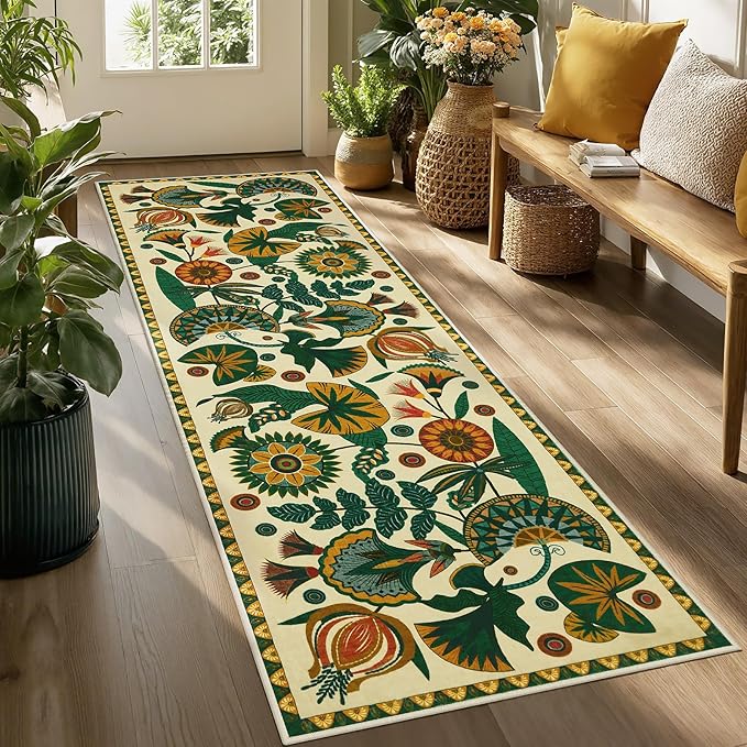 Joydeco Egypt Floral Washable 2.6x8 Runner Rug for Hallway Entryway Kitchen | Boho Botanical Colorful Non Slip Stain Resistant Low Pile Flower Indoor Carpet Runner for Entry Laundry Room Bathroom, Beige