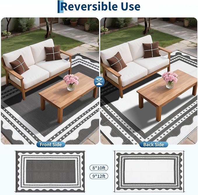 IDEALHOUSE Waterproof Outdoor Rug 8x10 for Patio, Reversible Modern Area Rug, Large Plastic Straw Mat for Camping, RV, Porch, Backyard, Deck, Picnic, Beach, Grey & White