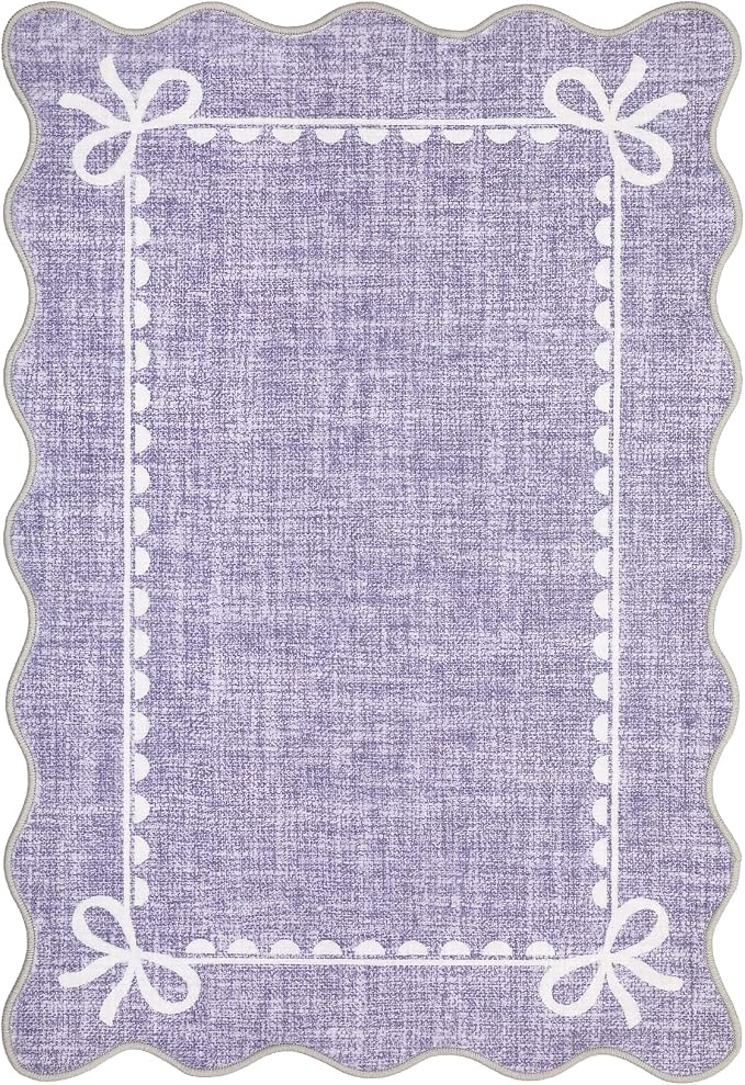 GarveeHome Scalloped Entryway Rug 2x3 Washable Front Door Bow Rug, Purple | Non Slip Soft Low Pile Ultra-Thin Stain Resistant Indoor Carpet for Girls Dorm Nursery Bedroom Decor Hallway Kitchen Floor