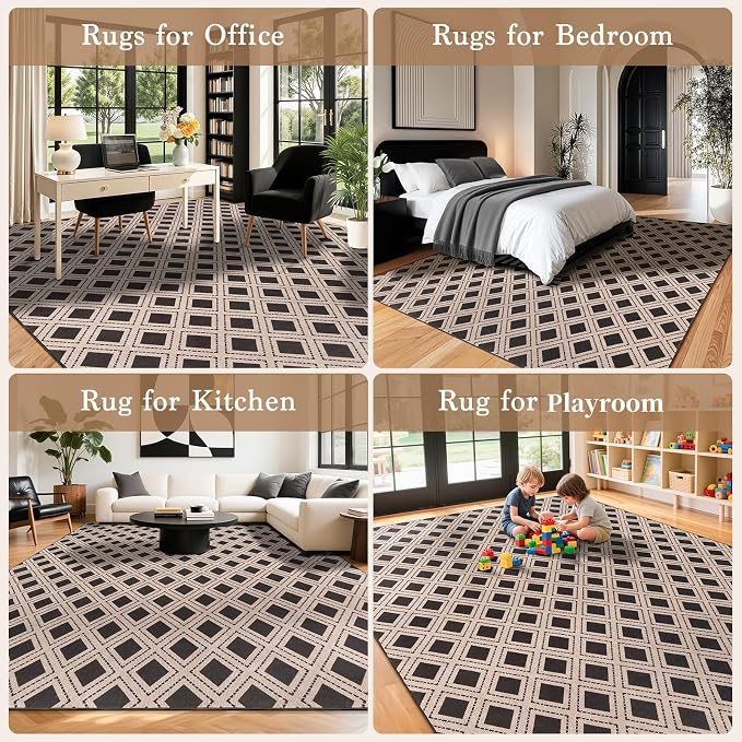 LBRO2M Machine Washable Rug Soft Pet Friendly Carpet 9X12 Black | Checkered Rug 9X12 for Living Room, Bedroom, Dining Room, Home Office, Non Slip Carpet, Foldable Stain Resistant Rugs