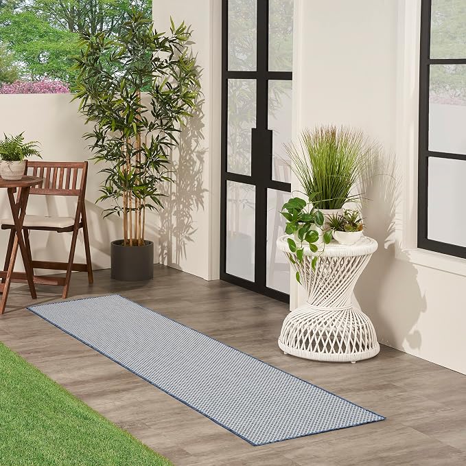 Nourison Home Courtyard Ivory Blue 2' x 6' Area Rug - Easy Clean, Non Shedding, Bed Room, Living Room, Dining Room, Kitchen (6' Runner)