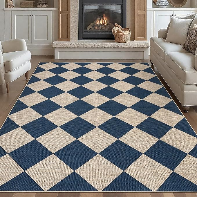GarveeHome Checkered Easy Jute Area Rug 10x13 Machine Washable Non-Slip Stain Resistant Indoor Outdoor Rugs for Living Room, Bedroom, Kitchen, Dining, Patio Farmhouse Style Navy Blue