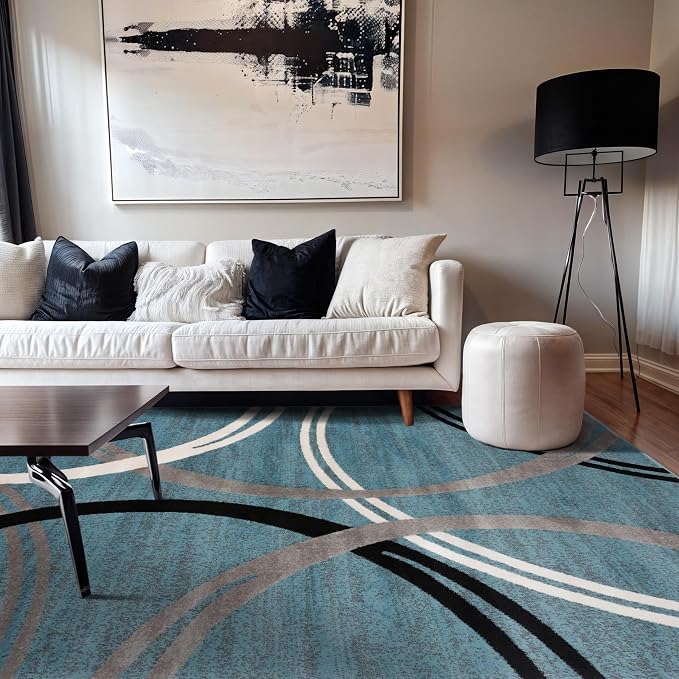 Rugshop Wavy Circles Modern Fade-Resistant Area Rug Blue 5'3" x 7'3" | Rectangular, Size 5'3" x 7'3", Living Room, Bedroom, Dining Room, Home Office, Kitchen, Entryway, Hallway, Nursery, Kids Room