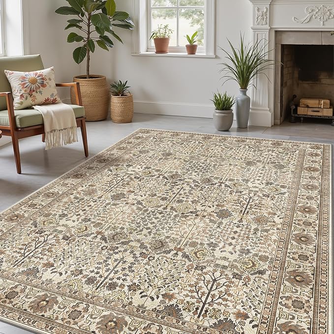 5x7 Washable Area Rug for Living Room, Non Slip, Dark Espresso | Vintage Floral, Spill Resistant, Lightweight Ultra-Thin Carpet for Bedroom, Dining Room and Nursery