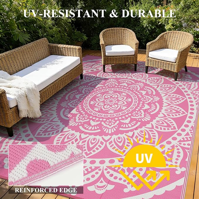 Bsmathom Waterproof Outdoor Rug 8'x10' Reversible Boho Plastic Straw Patio Deck Camping Rugs, Indoor Outdoor Portable RV Mat Clearance Carpet for Outside, Porch, Balcony, Backyard, Beach, Pool,Pink