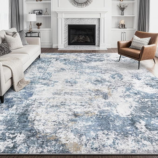DMOYEST 7x9 Area Rug for Living Room Washable Abstract Indoor Carpet | Neutral Modern Low Pile Rugs Kid & Pet Friendly Large Soft Thin Carpet for Bedroom Dining Room - Blue