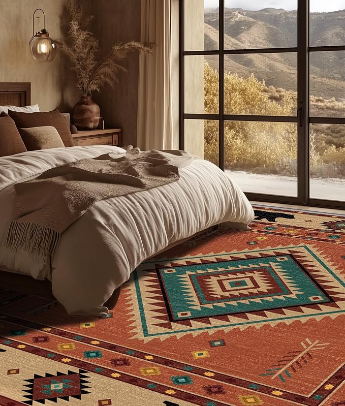 Cabin Rug 7x9 - Bear Southwestern Aztec Area Rugs for Living Room Bedroom, Rustic Navajo Machine Washable | Non-Slip | Soft Large Carpets, Native American Home Decor (Orange Tan Black)
