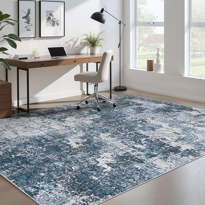 pmtsns Area Rugs 6x9 for Living Room: Washable Rug Modern Abstract Neutral Soft Non-Slip Low-Pile Indoor Carpet for Bedroom Dining Room Playroom Home Office (Blue Grey, 6'x9')