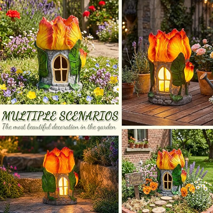 Fairy Garden House with Solar Light,Outdoor Figurine Lights Garden Statues,Yard Decorations Outdoor Fairy Garden Accessories,Decor Gifts for Mom Women (Tulip)